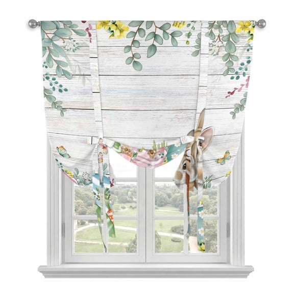 Spring Easter Tie Up Curtains for Windows, Adjustable Balloon Window Shades, Bunny Eggs Floral Leaves Farm Wooden Grain Kitchen Window Treatments Farmhouse Short Curtains with Rod Pocket 42"x45"