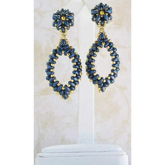 Navy Blue and Gold Two-Layer Oval Hoop Drop Earrings