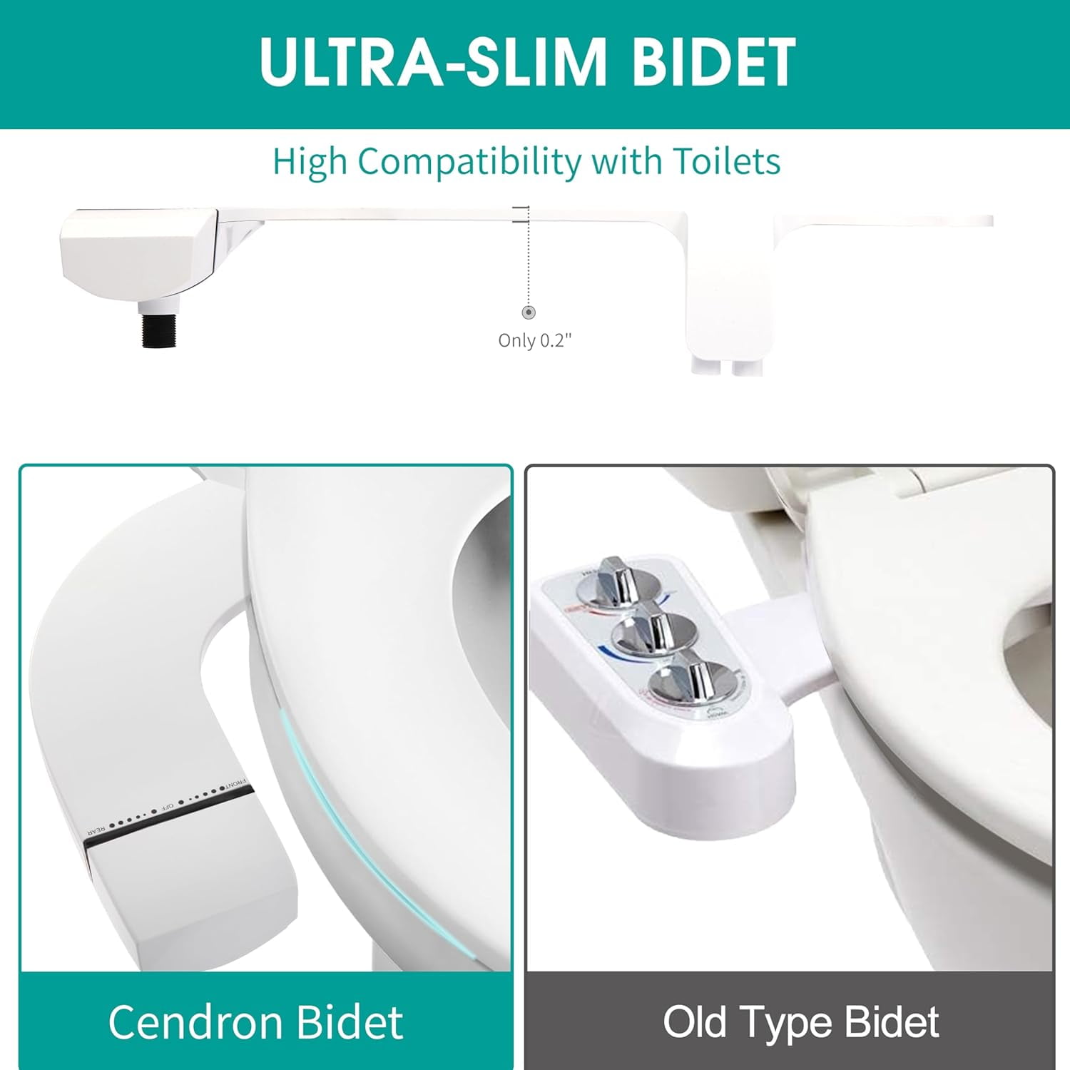 Ultra-Slim Bidet Attachment for Toilet, Dual Nozzle (Frontal & Rear Wash) with Self-cleaning, Non-Electric Bidet Toilet Seat Attachment with Adjustable Water Pressure, White