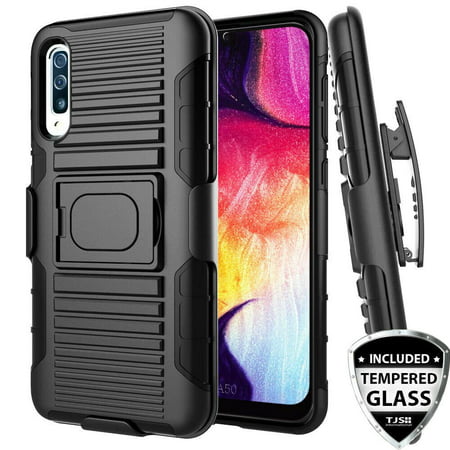 TJS Case for Samsung Galaxy A50 2019, with [Full Coverage Tempered Glass Screen Protector] Belt Clip Holster Impact Resistant Magnetic Support Hybrid Kickstand Heavy Duty Armor Phone Cover