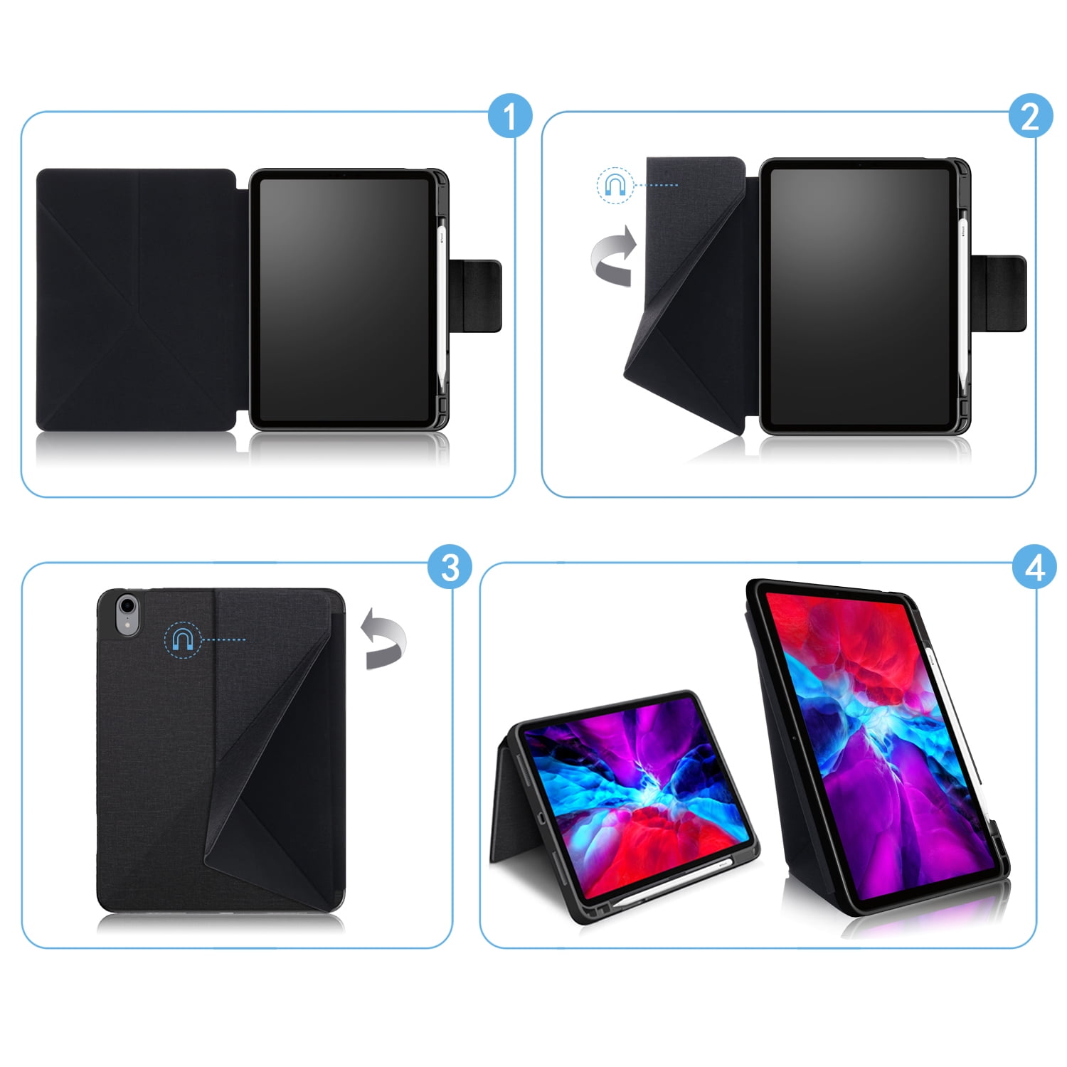 Allytech iPad Air 5 4 Case,[Supports Pencil 2nd Gen Charging] Slim Auto Sleep Wake Multi Angle Stand Smart Shell Shockproof Case Cover for Apple iPad Air 5th 4th Generation 10.9", BlackBlack