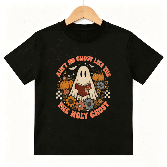 Holy Ghost Reading Bible with Pumpkins and Flowers Short Sleeve Crewneck Cotton Kids T-Shirt