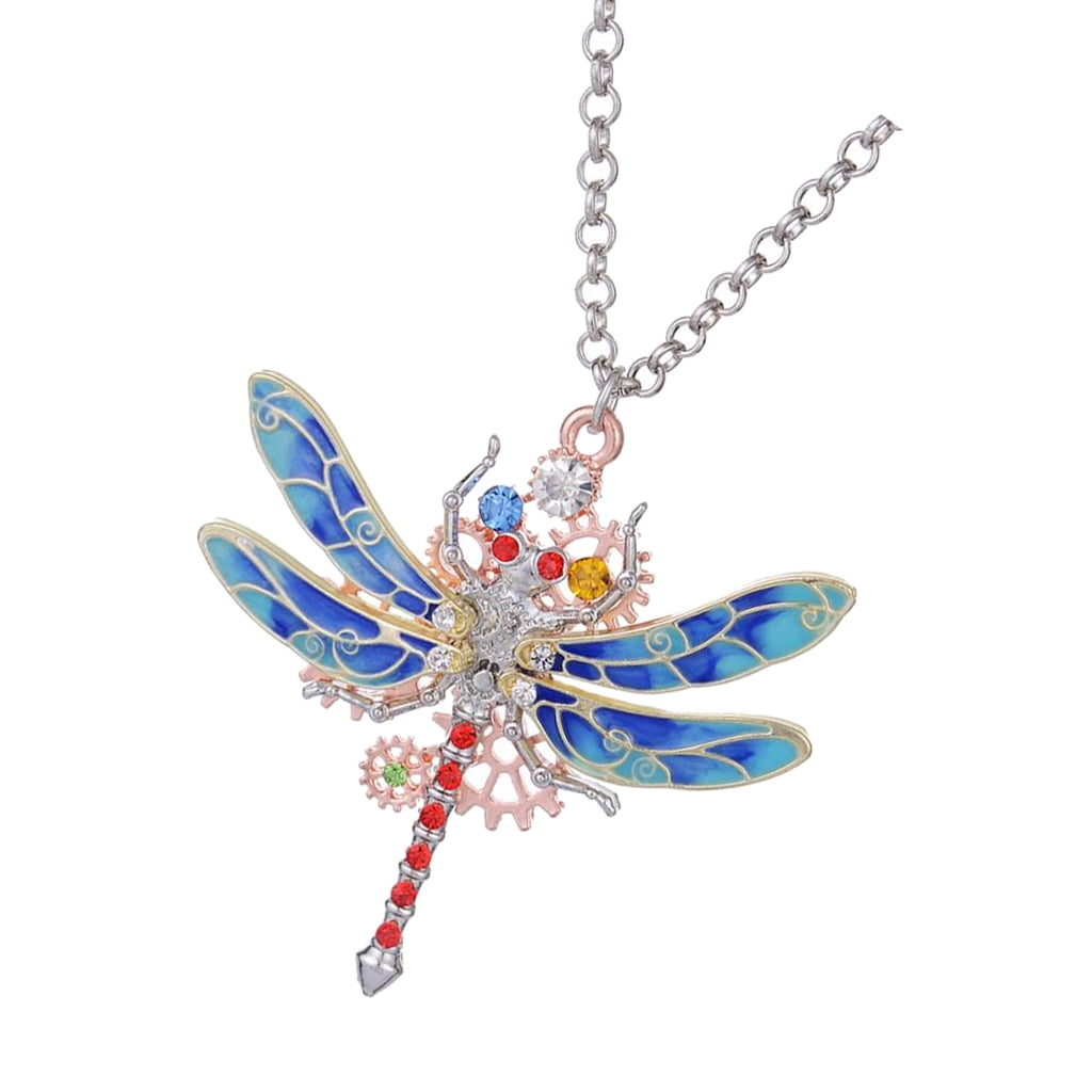 Women Alloy Chain Colorful Dragonfly Shaped Gear Pendant Steampunk Necklace