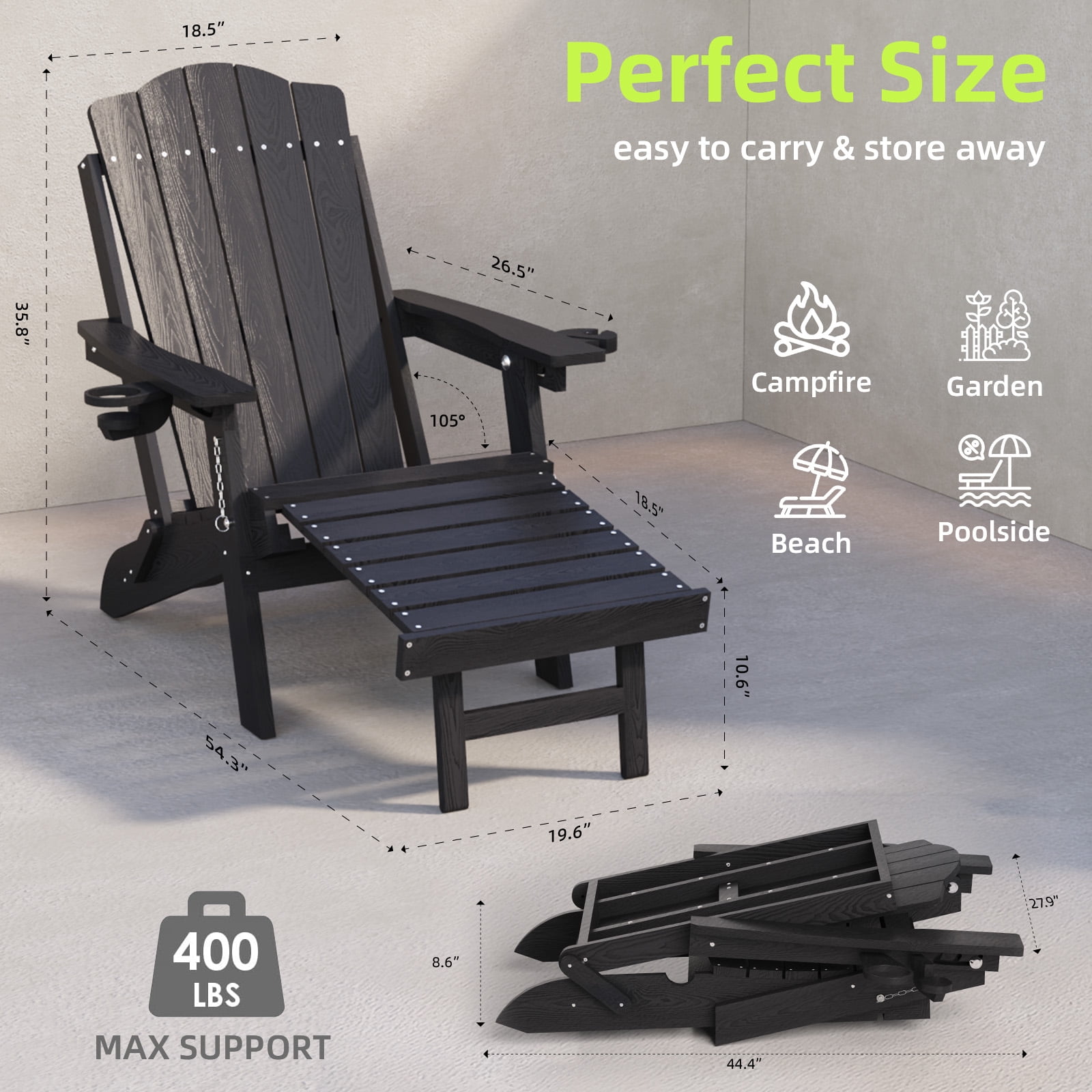 Vebreda Folding Adjustable Adirondack Chair with Retractable Footrest, 3-Position Backrest, Cup Holders, Black