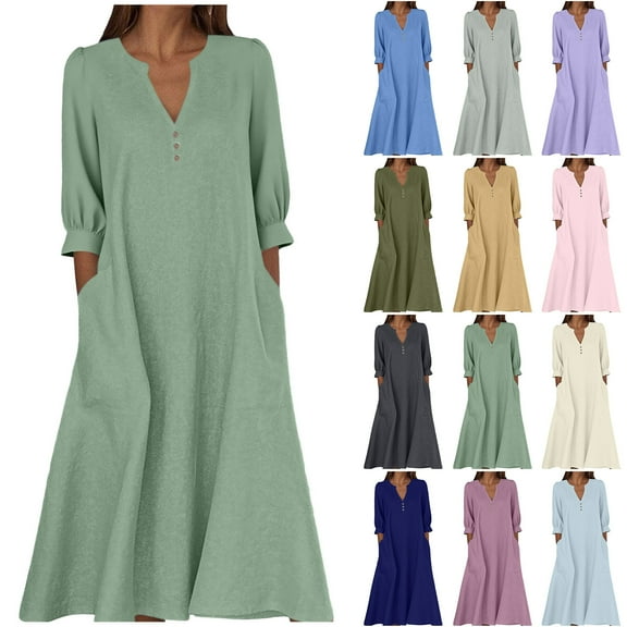 Felirenzacia Fall Dresses for Women, Casual Cotton Linen Blend Long Lounge Dress with Pockets for Women, FLowy Boho Dress