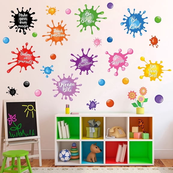 Colorful Inspirational Quotes Wall Decals Watercolor Paint Wall Decals Ink Splatter Splotches Wall Stickers Motivational Lettering Positive Sayings Stickers for Kids Classroom Nursery Playroom School