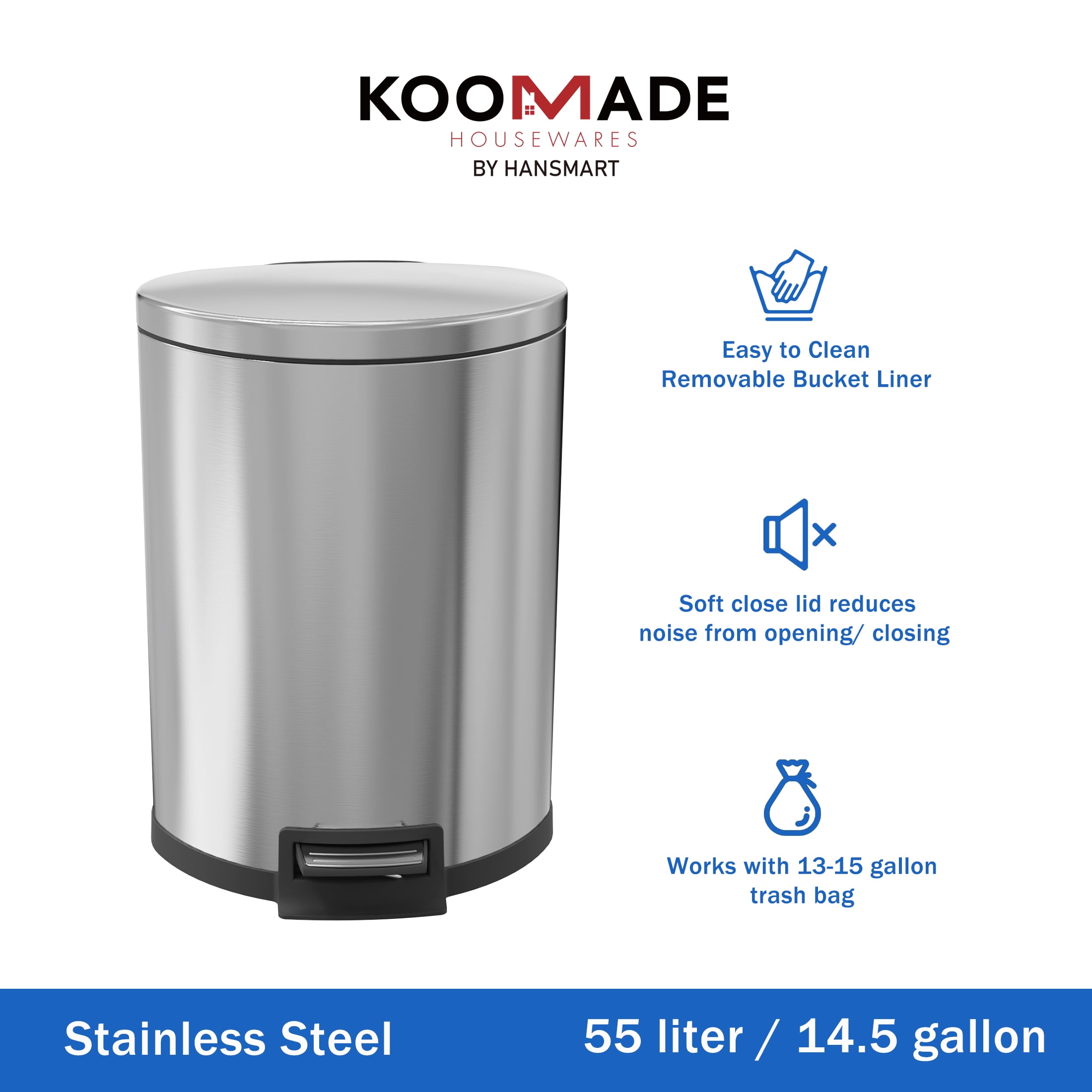 Koomade Kitchen Trash Can, 14.5 Gallon  Stainless Steel Soft Close Step Garbage Bin with Lid, Silver