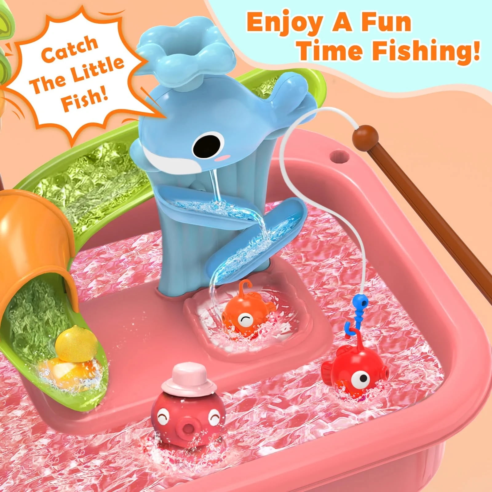 Water Play Table with Circulating Water Shower, Fishing Accessories & Interactive Play Features for Indoor Outdoor Use(21.26"L x 11.42"W x 20.87"H,Pink)