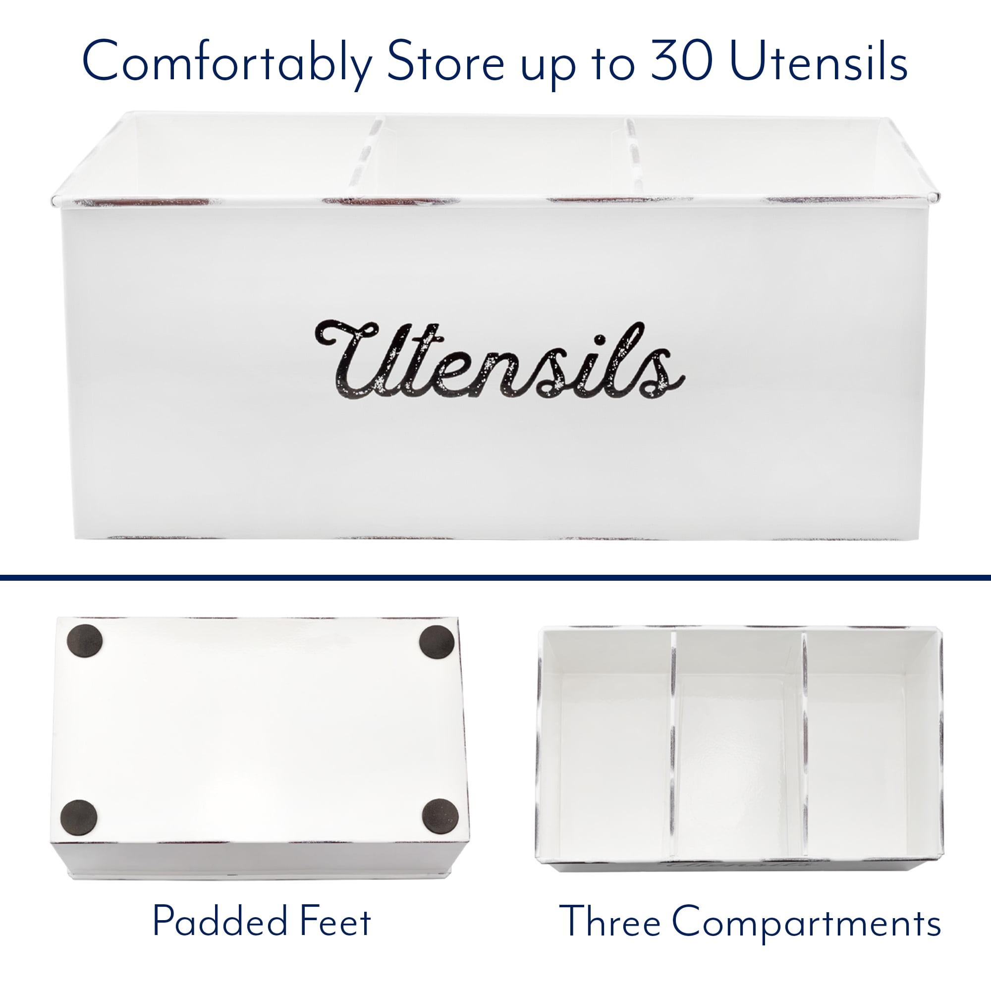 AuldHome Design Large Enamelware Utensil Holder, White Farmhouse Cooking Caddy or Spoons/Forks/Knives Storage for Countertop and Table