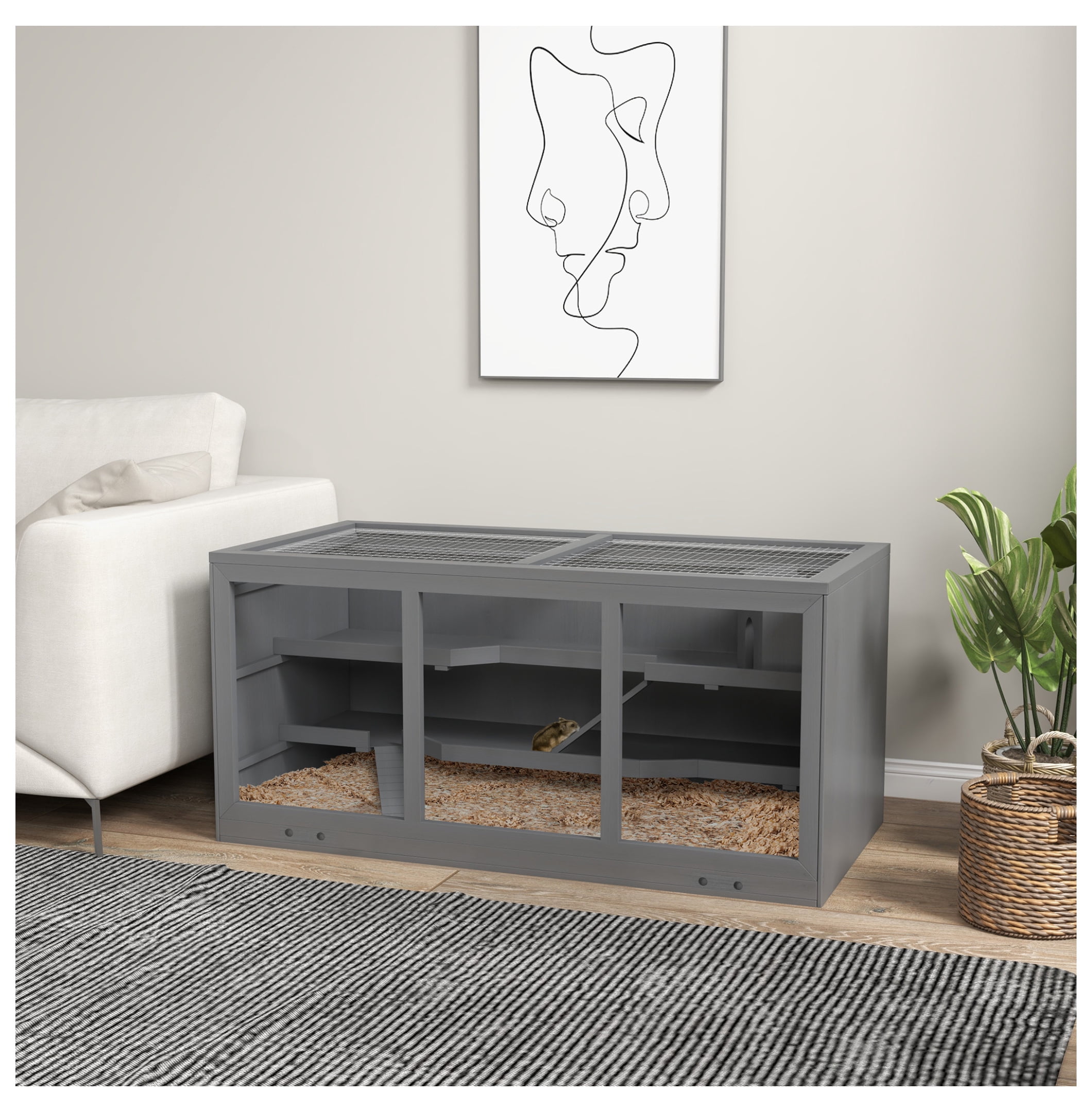 Hamster Cage Extra Large Wooden with Opening Roof, Hut & Ramps - Gray Small Animal Habitat