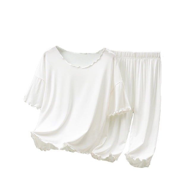 XDZJLR Ensembles de Tenues pour Filles, Ensemble de Pantalons à Manches Courtes d'Été pour Enfants, Pyjamas Fins Unis, Col Rond, Vêtements de Maison Amples, 8-10 Ans