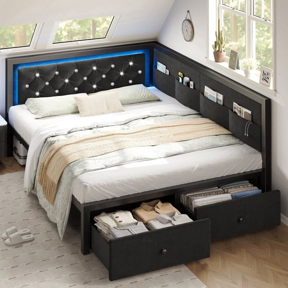 NHIXSOM Corner Bed Frame Queen Size with Velvet LED Headboard, Storage Drawers and 4 Side Pockets, Black