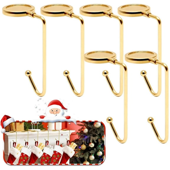 Christmas Mantle Stocking Holders Set of 6 - Upgrade Non-Slip Fireplace Hangers, Lightweight Metal Hooks for Christmas Party Decoration (Gold)