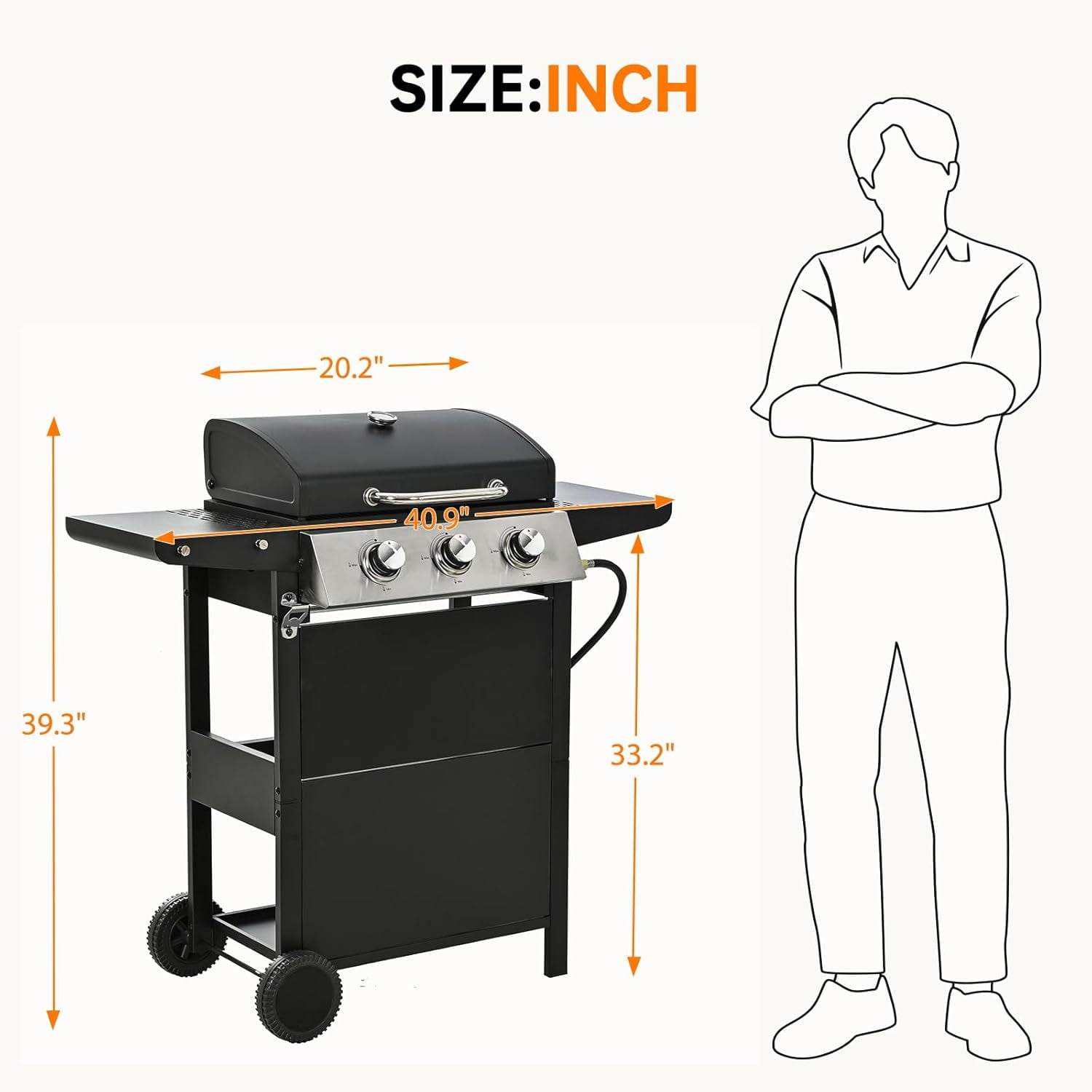 3 Burner Grill Propane Gas Grill, Outdoor Stainless Steel 25650 BTU Patio Garden BBQ Grill with Lid, Wheels, RV Camping Barbecue