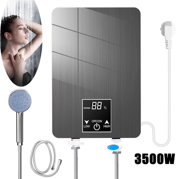 Electric Tankless Water Heater, 3500W Instant Hot Water Heater with Handheld Shower Head Set, Portable Mini Water Heaters with Digital Display Adjustable Temperature for Bathroom Kitchen, Grey