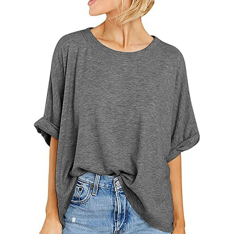 JGGSPWM Women Short Sleeve Tops Basic Essential Casual Loose Summer Tunic  Crewneck Blouse Oversized Tshirts Solid Shirts Plus Size Tees Gray XXL
