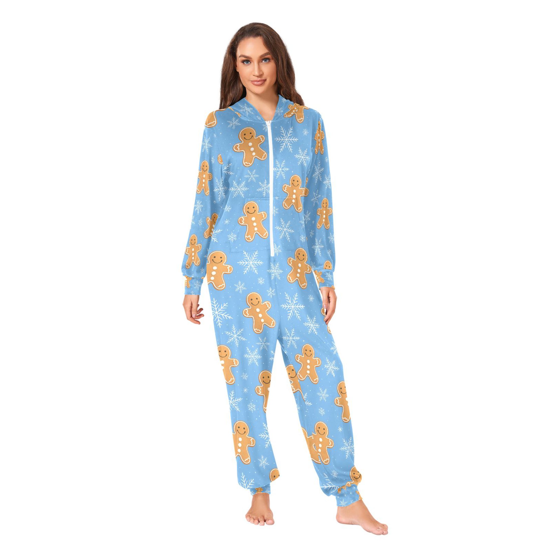 Adult Christmas Onesie Snowflake Cookie Man Blue Background Adult Zipper One-Piece Pajamas Unisex Pajamas with Pockets