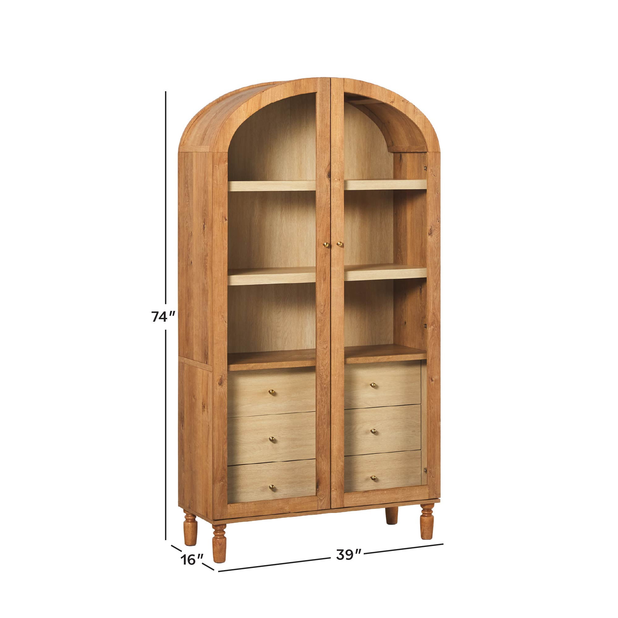 Walker Edison Modern Arched Bookshelf Tall Glass Door Cabinet with Inner Drawers, English Oak
