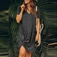 thumbnail image 2 of Robes d'Été Noires pour Femmes 2022 Mode pour Femmes Couleur Unie Nœud à Nouer Col en V Manches Courtes Robe Décontractée, 2 of 5