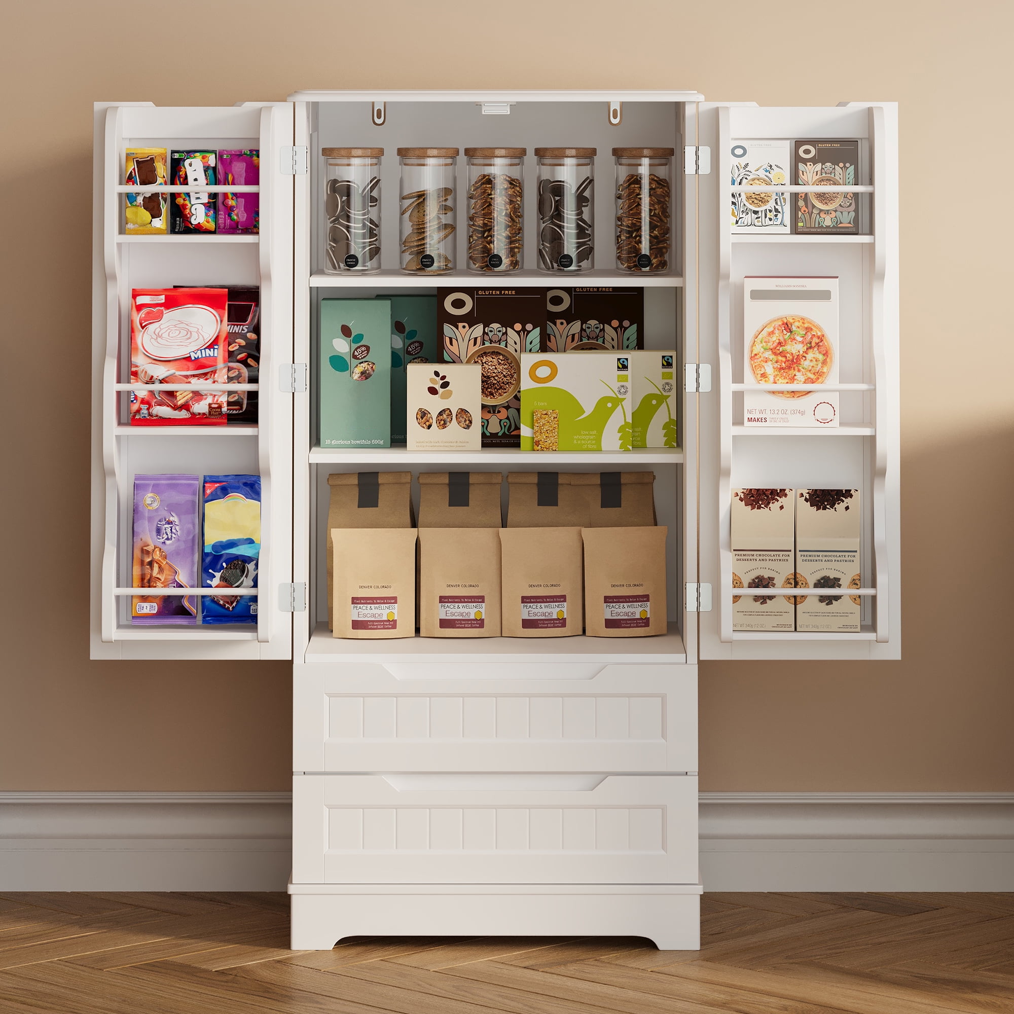 47" Small Kitchen Storage Cabinets with Doors and Shelves Clearance, Noelse Wooden Craft Organization and Storage Cabinet with 2 Drawers for Craft Room and Dining Room
