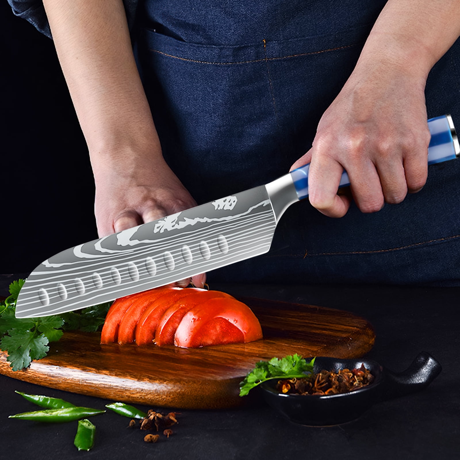 MDHAND Kitchen Chef Knife Set, 8-Piece Japanese Knife Set with Blue Resin Handle and Laser Damascus Pattern