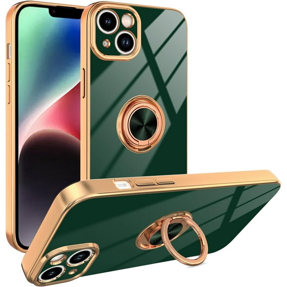 for Green iPhone 15 Plus Case with Ring Holder Kickstand [with Magnetic] Soft TPU Bumper, Glitter Gold Electroplated Cover Full Camera Protective Phone Case for iPhone 15 Plus 2023