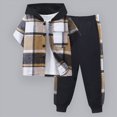thumbnail image 2 of yboeqw 2-8 Years Boys Clothes Fall Winter Button Down Short Sleeve Plaid Shirt Hooded Sweatshirt & Pant 2PCS Kids Boys Outfits Sets(7-8 Years,Khaki), 2 of 8