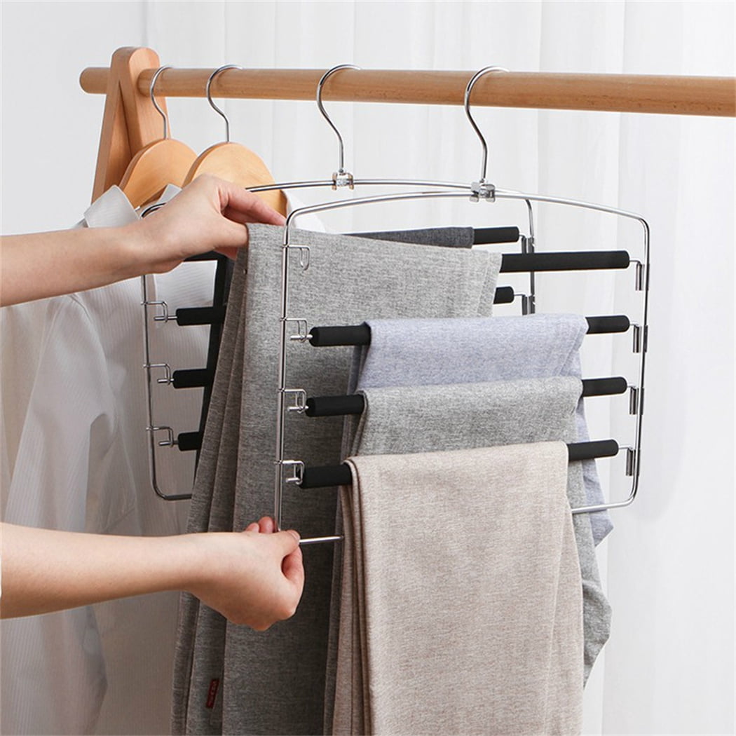 Black Pants Hangers Non Slip - Happon 2 Pack Space Saving Hanger 5-Layer Swing Arm Pants Hanger Metal Space Saver Hangers for Pants Jeans Scarf Trouser Tie Towel Clothes