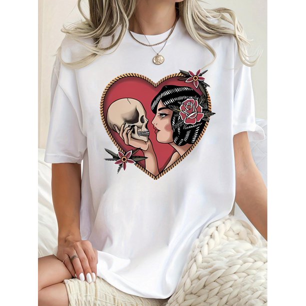Camiseta De Mujer Activewear Tops Simples De Verano Para Viajes De MochileroWomen's Casual Floral Skull Print T-Shirt - Comfy Crew Neck Short Sleeve Top, Perfect for Summer & HolidaysFather's Day, M