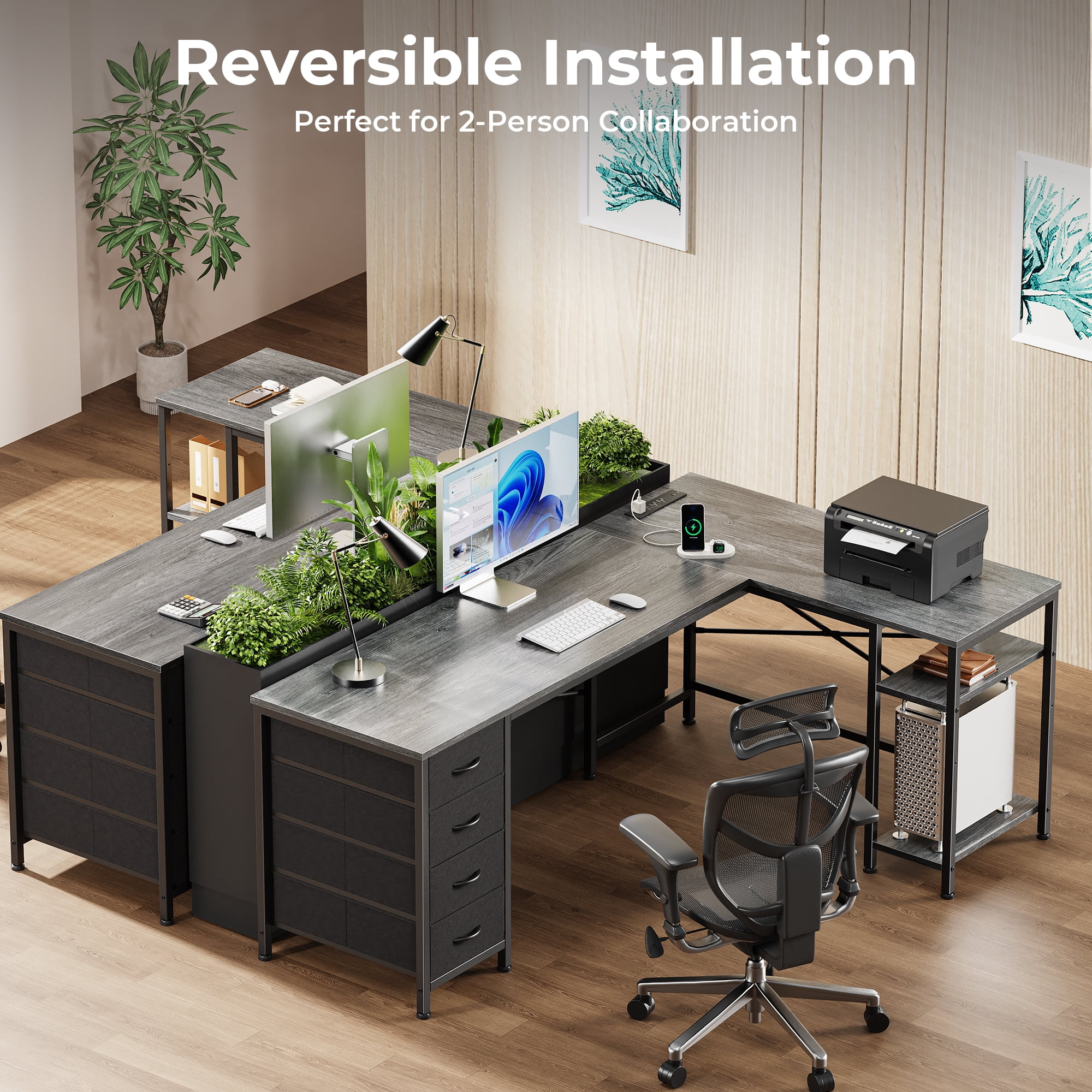 63 Inch L-Shaped Desk with Fabric Drawers, Reversible Home Office & Gaming Desk with Power Outlets, USB-C, and Adjustable Storage Shelves