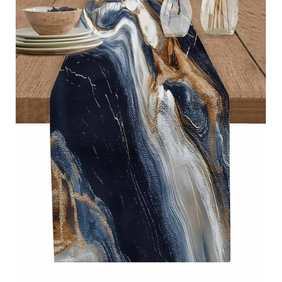 Blue Brown Burlap Cotton Table Runner 13x60 Inches Long, Modern Abstract Art Farmhouse Table Runners, Outdoor Dining Tablecloths Decor for Baby Shower/Party/Wedding