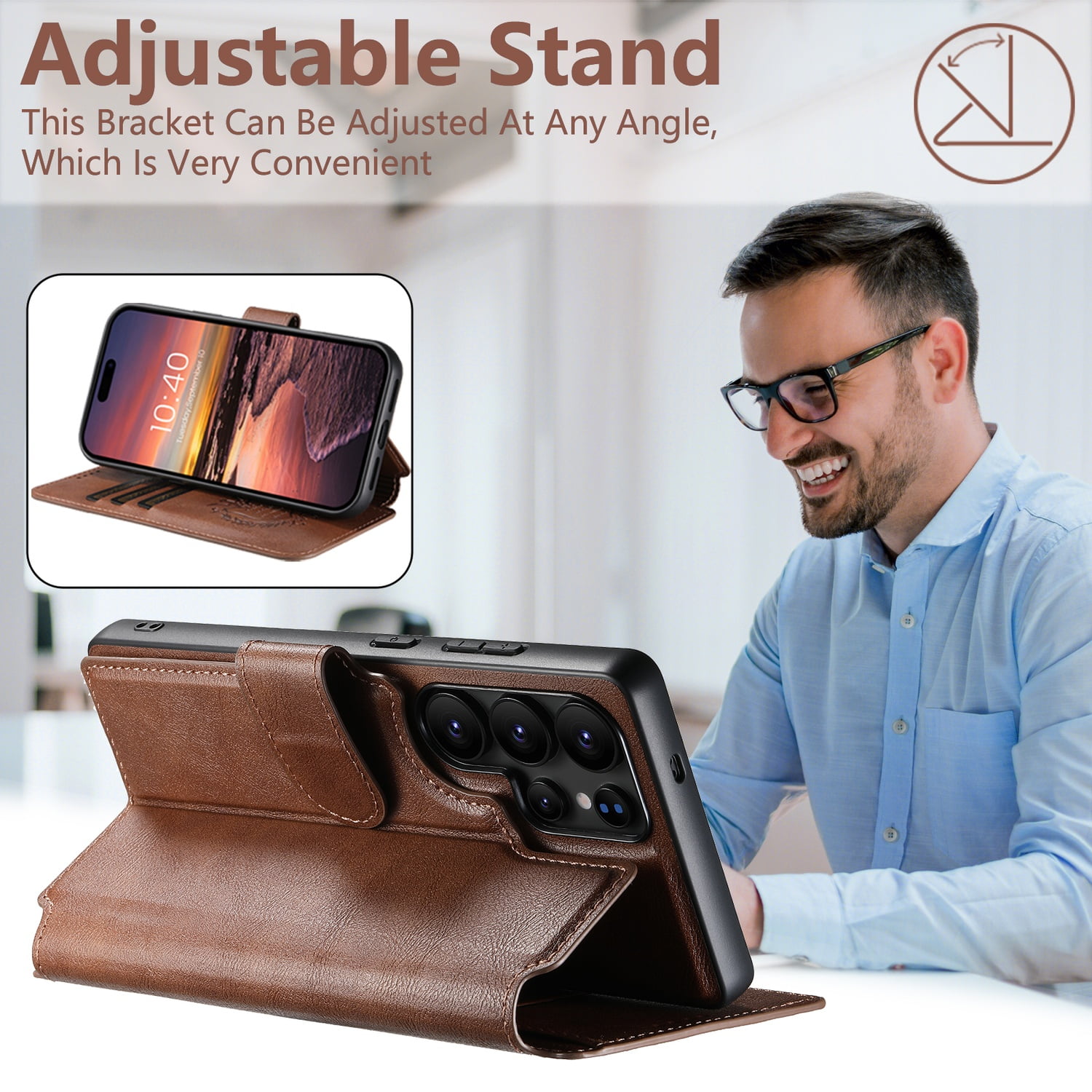 for Samsung Galaxy S24 Ultra Detachable Wallet Case, PU Leather Magnetic Cover Support Wireless Charging & Magnetic Car Mount, Card Slots Holder, Flip Stand, Folio Protective Phone Shell, Brown
