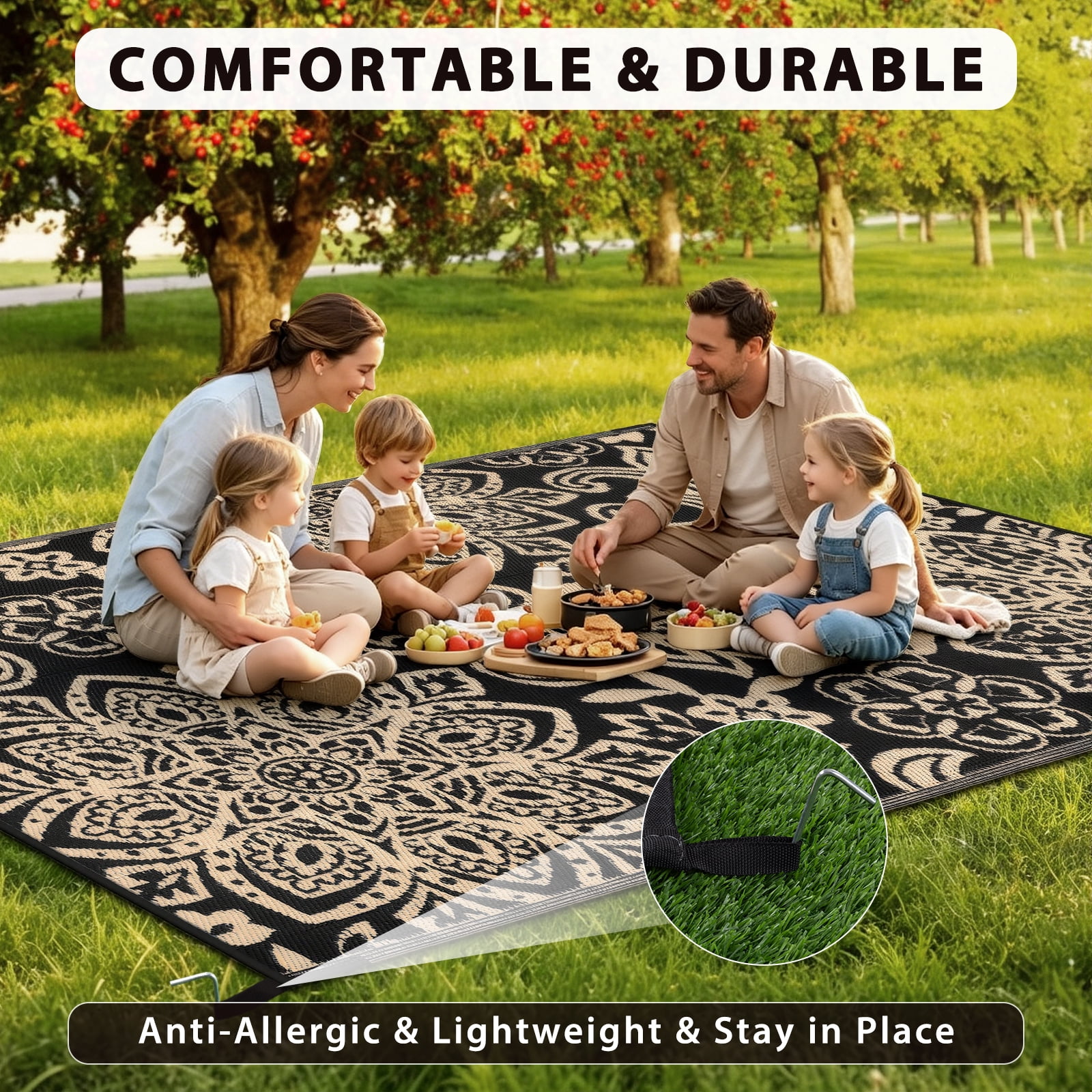 MJIAexp 6' x 9' Outdoor Rugs for Patio, Curved Geometric UV-Coated Waterproof RV Outdoor Rug, Reversible Plastic Straw Camping Rug Floor Mat for Backyard, Porch, Deck, Picnic, Beach Black-Gold