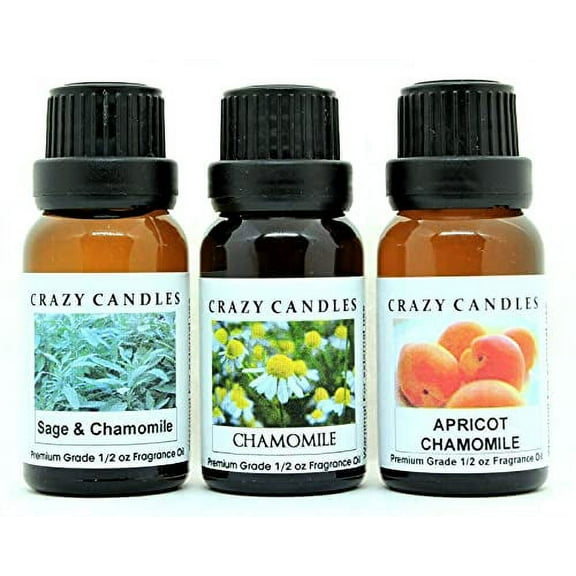 Crazy Candles 3 Bottles Set, 1 Sage & Chamomile, 1 Chamomile, 1 Apricot Chamomile 1/2 Fl Oz Each (15ml) Premium Grade Scented Fragrance Oils