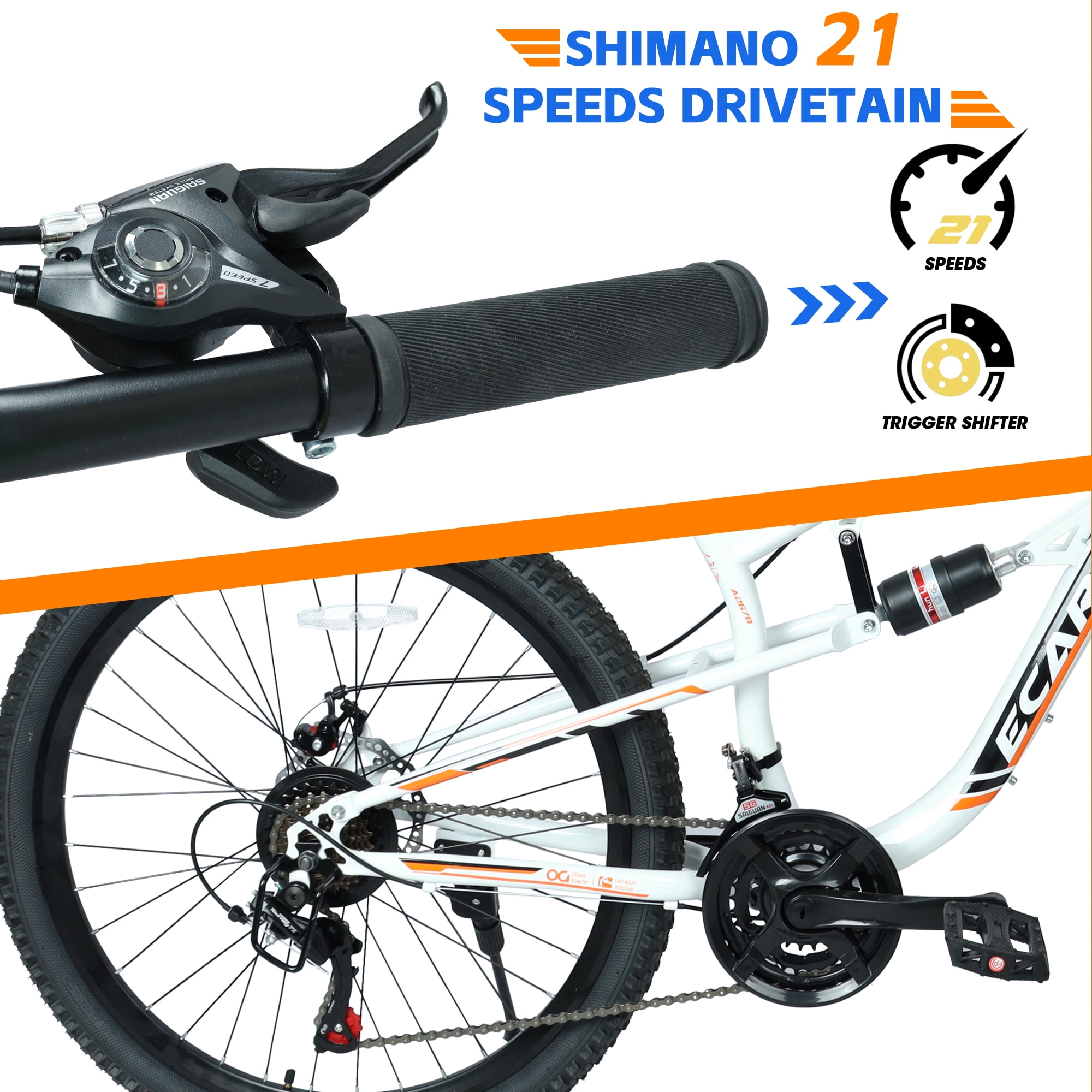 26 Inch Mountain Bike with 21-Speeds & Full Suspension Steel Frame,White&Orange