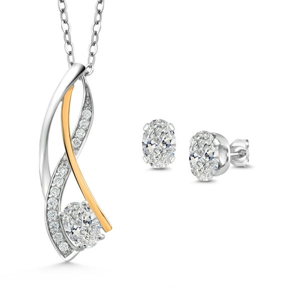 Gem Stone King 925 Silver and 10K Yellow Gold White Lab Grown Diamond Pendant Earrings Jewelry Set for Women | 1.28 Cttw | Gemstone April Birthstone | Oval 6X4MM | with 18 inch Chain