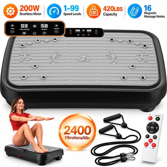 Vibration Plate Exercise Machine for Home, Whole Body Vibration Platform, 99 Speed Levels, 5 Workout Programs, Resistance Bands, Dual Control, 420lb Capacity
