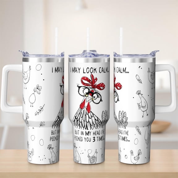 Chicken tumbler 40 oz tumbler with handle and straw 304 stainless steel travel cup coffee mug water bottle suitable as a gifts for women mom gifts gift for chicken lovers