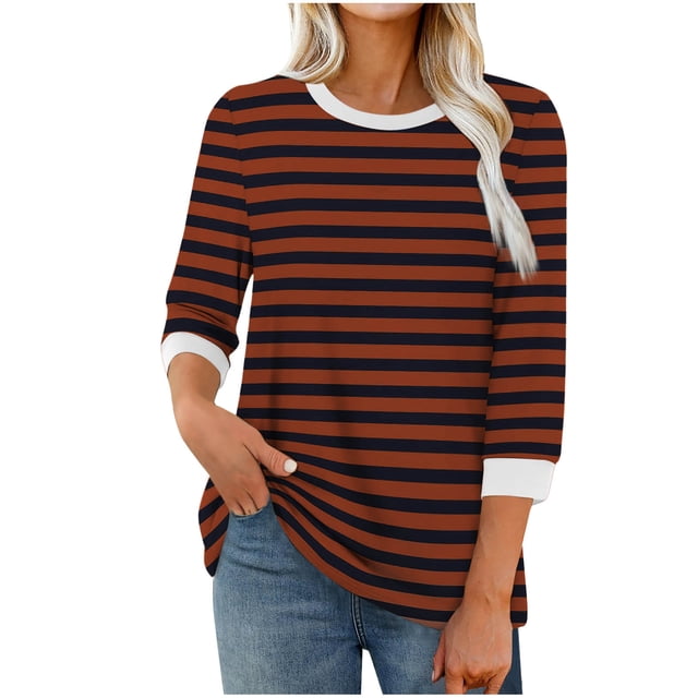 cfhntfmh Chemises à Rayures d'Automne pour Femmes Coupe Ample Hauts Décontractés T-Shirts à Col Rond Mode T-Shirt à Manches 3/4 Vêtements Confort