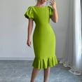 thumbnail image 2 of Trendy SMihono Women's 2025 Sexy Bodycon Dress Elegant Solid Color Puff Short Sleeve with Ruffle Hem Dress Going Out Knee Length Dresses Green M, 2 of 9