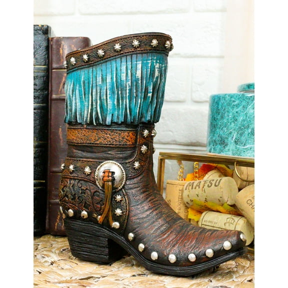 Rustic Western Tooled Leather Lace Patterns Boot Floral Vase With Blue Fringes
