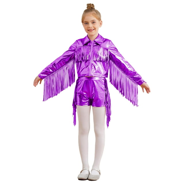 TiaoBug Ensemble de Danse Jazz Métallique à Franges pour Filles Enfants Veste à Manches Longues avec Short Violet 8