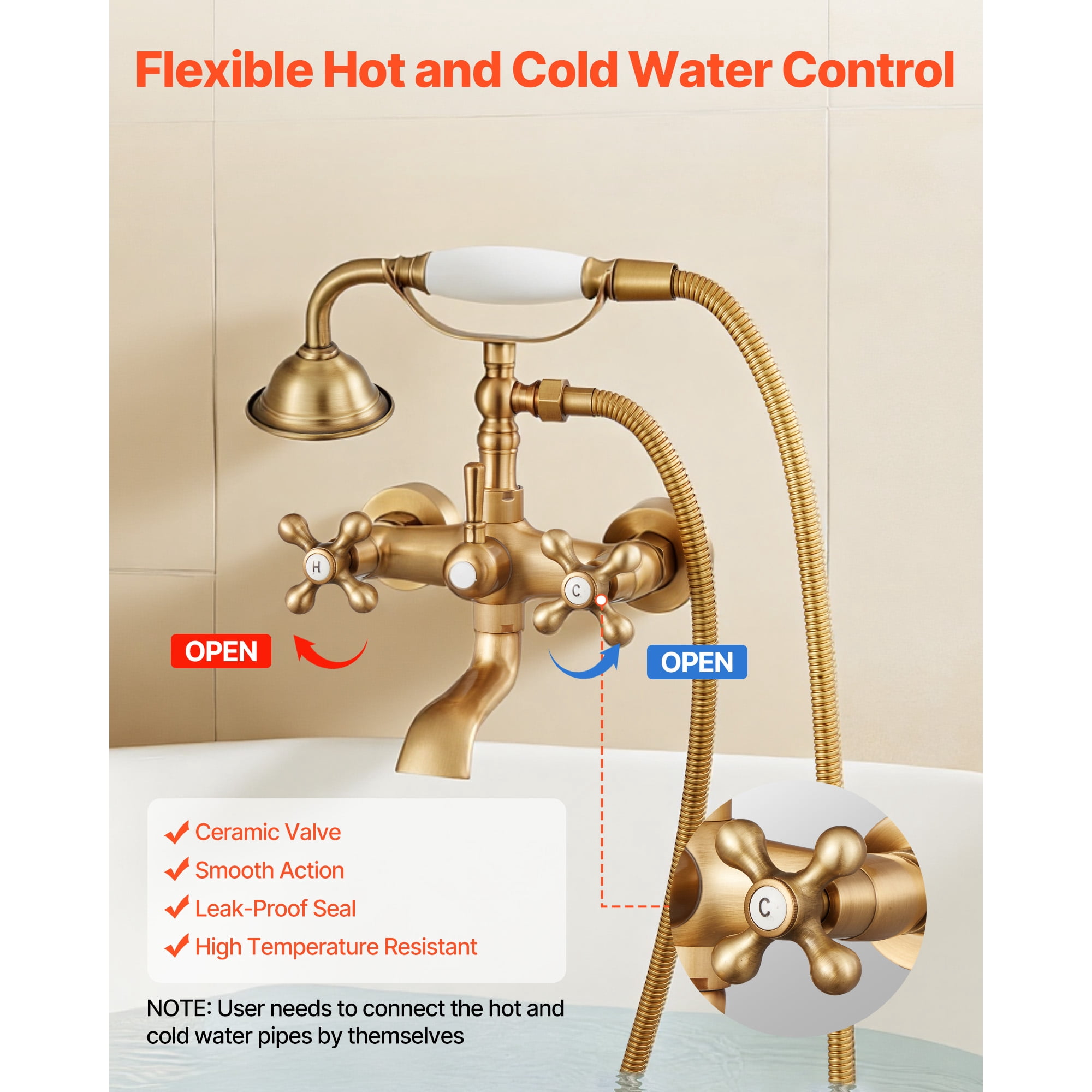 KFFKFF Wall-Mounted Clawfoot Tub Faucet with Handheld Shower, Vintage Brushed Gold Finish, Adjustable Swing Arms, and 360° Rotating Spout for Bathtubs