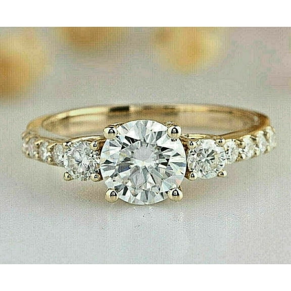 Engagement Ring Three Stone Round Cut Diamond 14K Yellow Gold Plated Silver