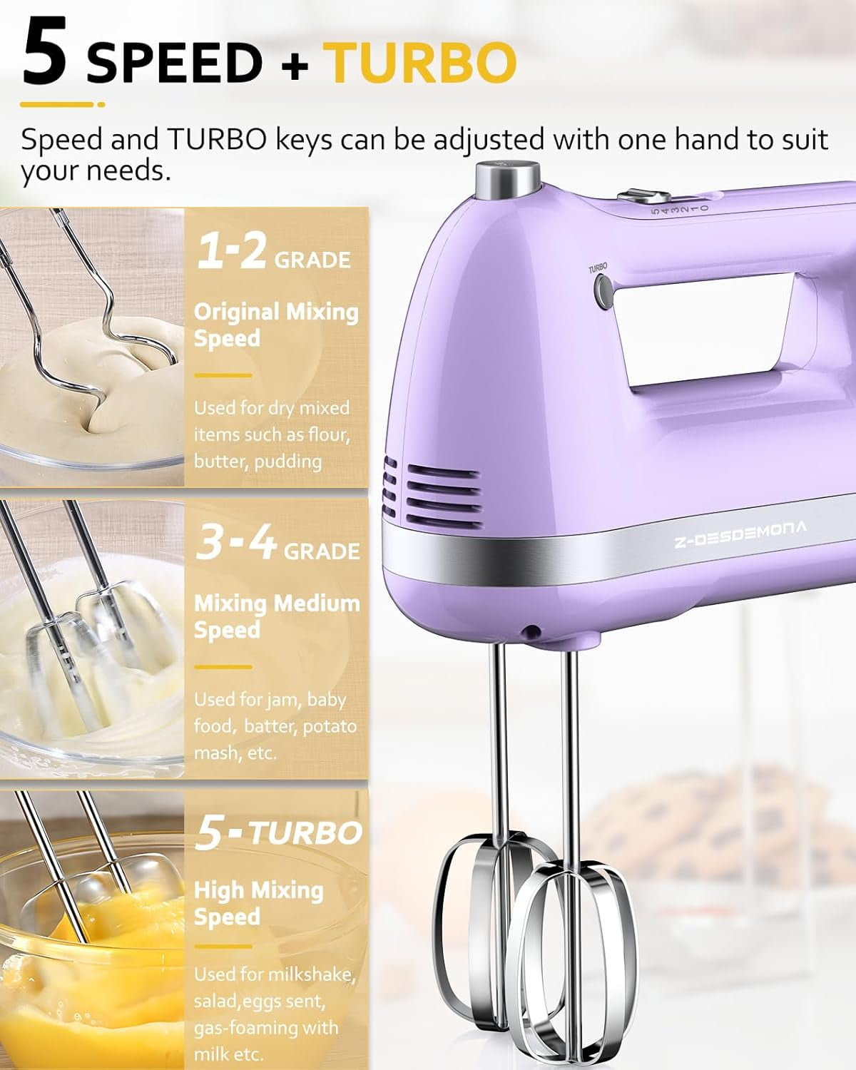 Electric Hand Mixer, Powerful 300W Mixer Handheld with 304 Beaters, Dough Hook,Hand Held Turbo for Baking Cakes, Eggs, Cream Food(Purple)