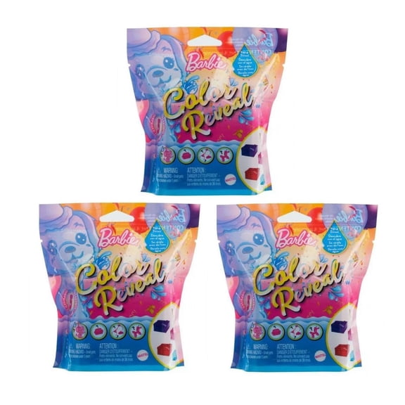 Barbie Color Reveal Party Series, GTT13 Surprise Pet Collection, Water Reveal Toys, Bundle of 3