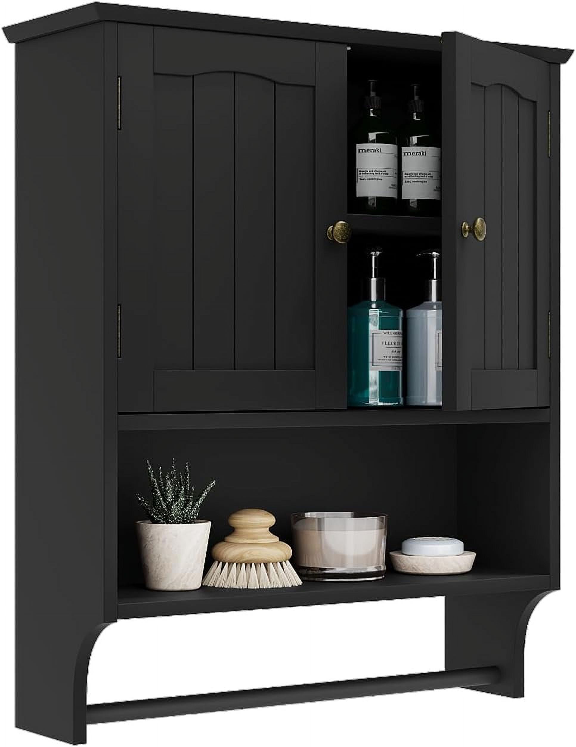 Semiocthome Bathroom Medicine Cabinet Wall Mounted Storage with Towel Bar and 2 Door in Black