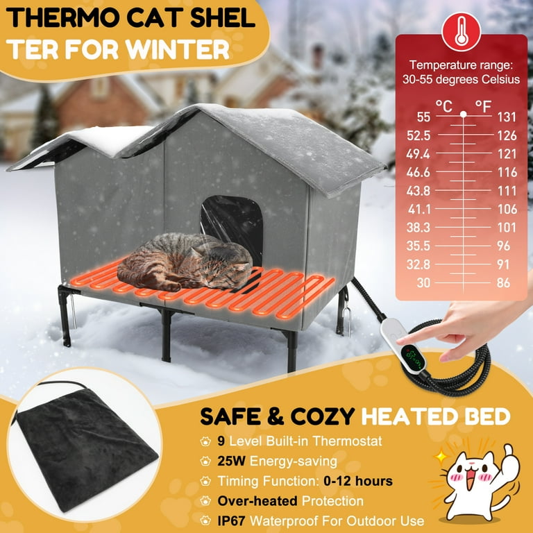 Heated Outdoor Cat House for Winter Weatherproof Insulated Oxford