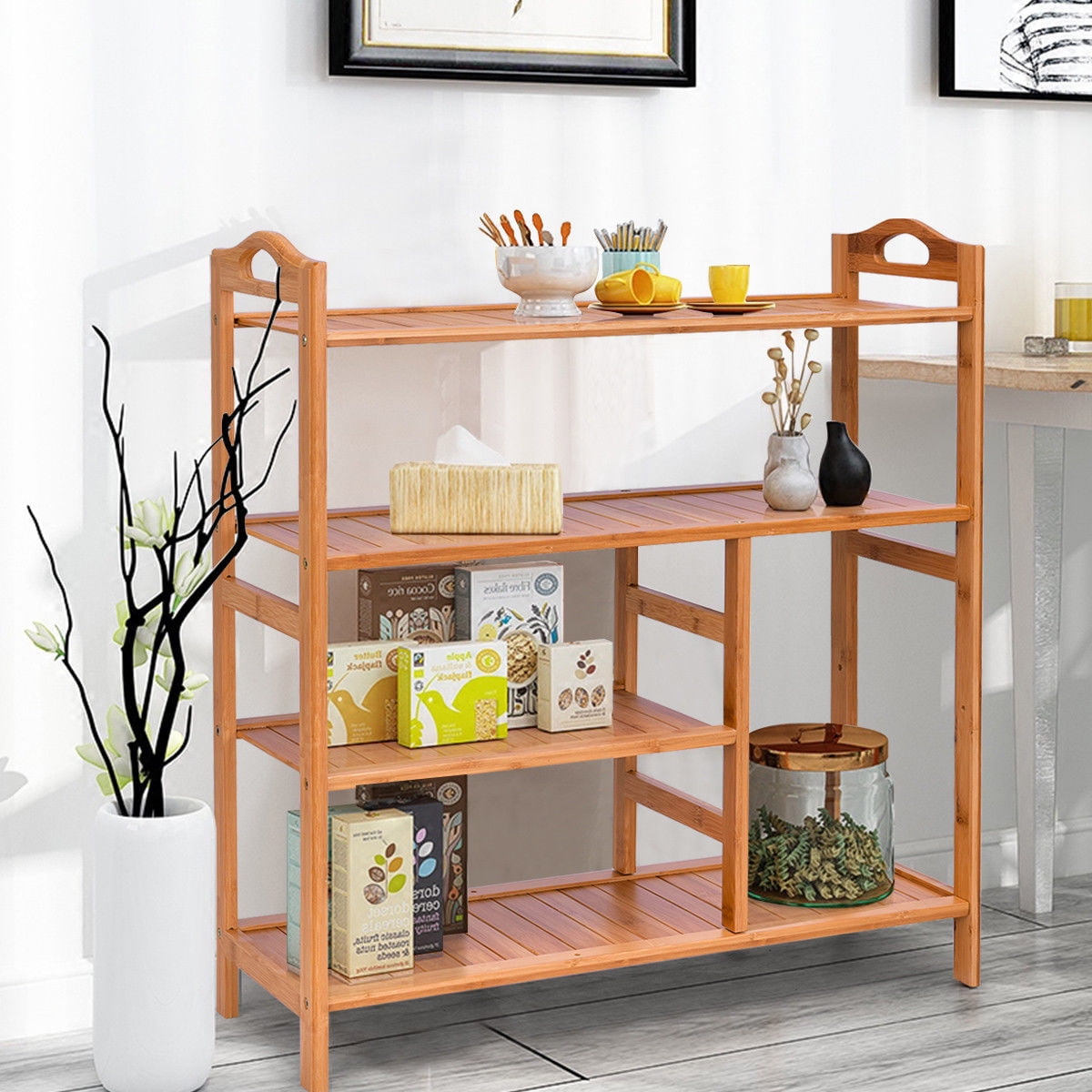 Gymax 4 Tier Multifunction Bamboo Shoe Rack Boot Tower Shelf Storage Organizer Stand
