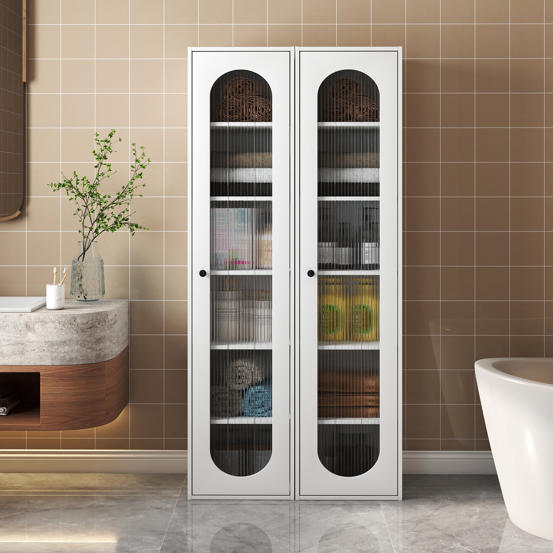 Mintazer 67" Tall Display Cabinet with Fluted Glass Door, 6 Tier Freestanding Storage Bookcase for Living Room Bedroom Home Office, White